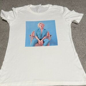White T-Shirt with Blue Graphic Print